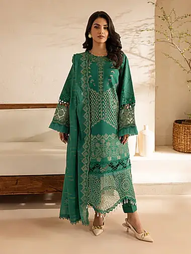 Embroidered Lawn Front Voil  Dupatta by PARISHAY, DarkSeaGreen