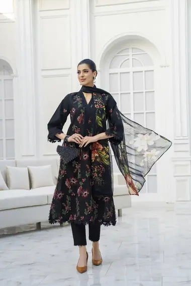 Embroidered Shirt Printed Chiffon Dupatta D07 by PURI FABRICS, Black