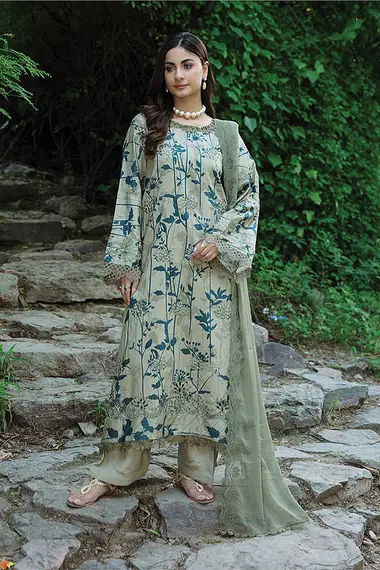 Embroidered Print Viscose Front Embroidered Chiffon Dupatta by PURI FABRICS, DarkSeaGreen