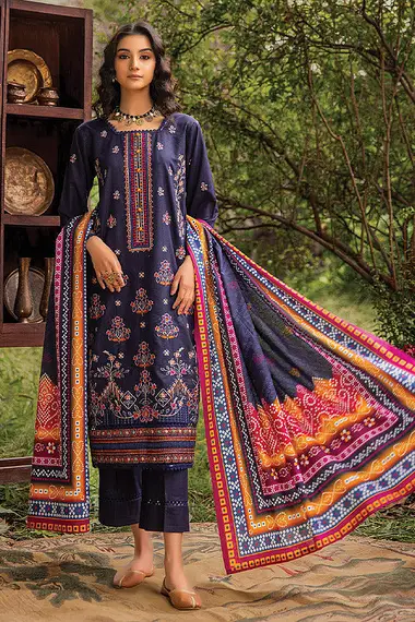 Embroidered Khaddar Front Digital Printed Khaddar Shawl by PURI FABRICS, Blue