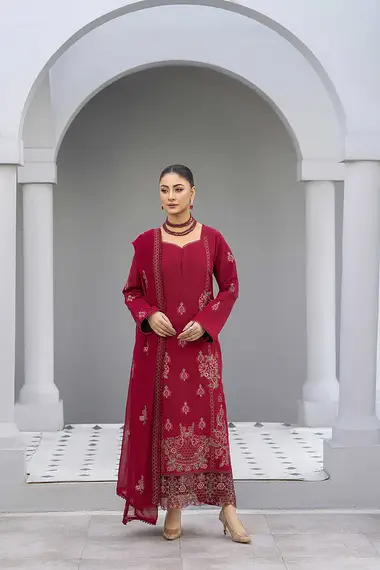 Embroidered Karandi Shirt Chiffon Dupatta by PURI FABRICS, Red