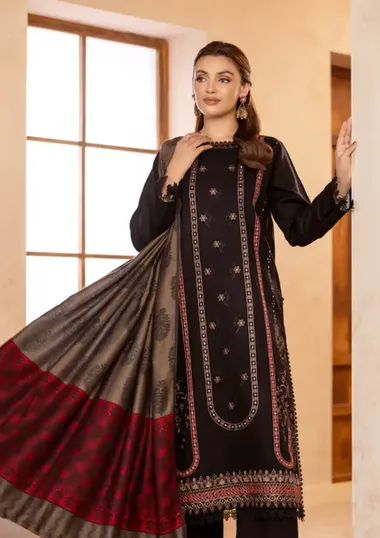 Embroidered Dhanak Front And Jacquard Woolen Shawl D-09 by PURI FABRICS, black