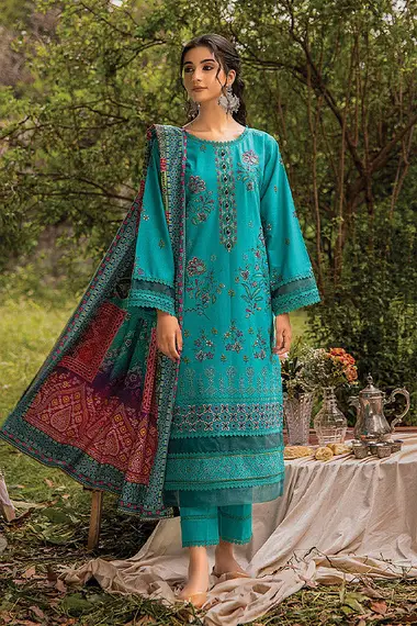 Embroidered Khaddar Front Digital Printed Khaddar Shawl by PURI FABRICS, CadetBlue