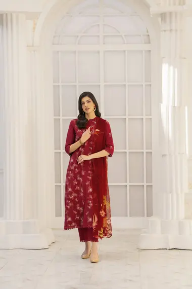 Embroidered Shirt Printed Chiffon Dupatta D8 by PURI FABRICS, Red