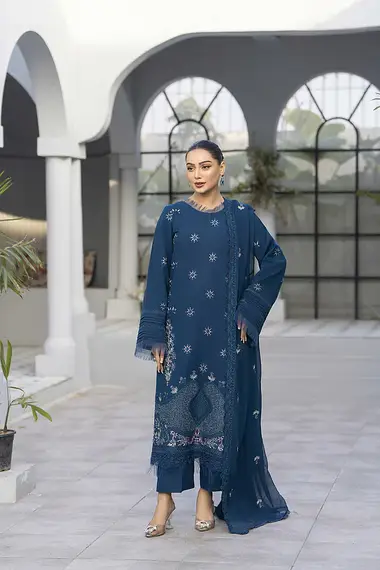 Embroidered Karandi Shirt Chiffon Dupatta by PURI FABRICS, Blue