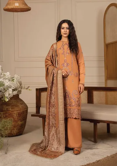 Embroidered Dhanak Shirt And Woollen Aari Shawl D-10 by PURI FABRICS, Orange