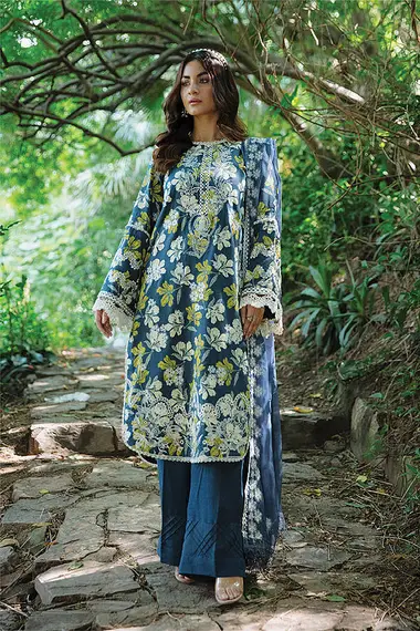 Embroidered Print Viscose Front Embroidered Chiffon Dupatta by PURI FABRICS, Blue