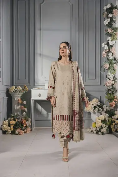 Embroidered Dhanak Front And Jacquard Woolen Shawl D07 by PURI FABRICS, Beige