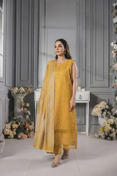 Embroidered Dhanak Front And Jacquard Woolen Shawl D02 by PURI FABRICS, Yellow