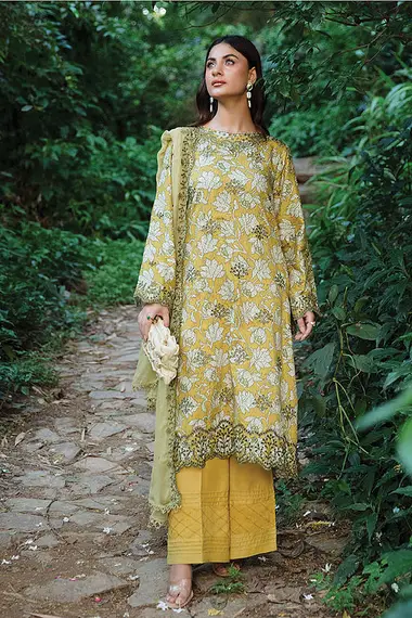 Embroidered Print Viscose Front Embroidered Chiffon Dupatta by PURI FABRICS, Yellow