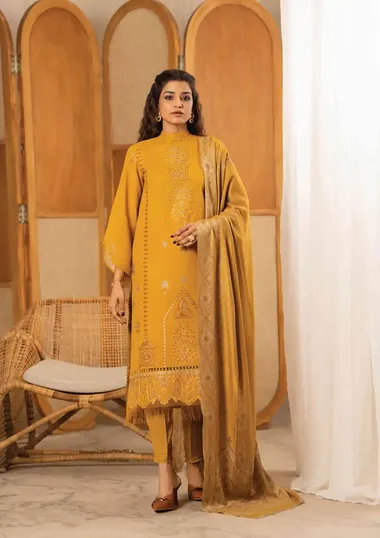 Embroidered Dhanak Shirt And Woollen Aari Shawl D-07 by PURI FABRICS, Yellow