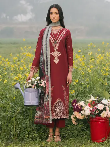 Embroidered Lawn Front Silk Dupatta by PURI FABRICS, Red