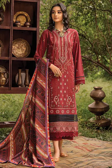 Embroidered Khaddar Front Digital Printed Khaddar Shawl by PURI FABRICS, IndianRed