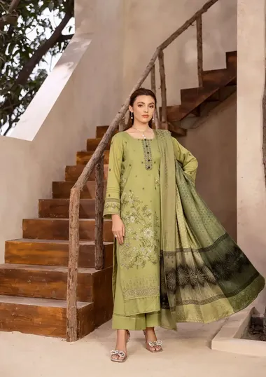 Embroidered Dhanak Front And Jacquard Woolen Shawl D-07 by PURI FABRICS, Green