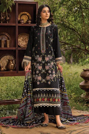 Embroidered Khaddar Front Digital Printed Khaddar Shawl by PURI FABRICS, Black