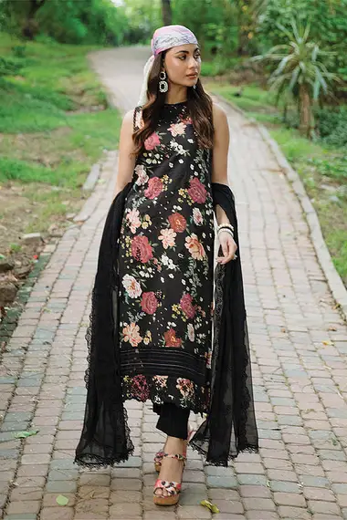 Embroidered Print Viscose Front Embroidered Chiffon Dupatta by PURI FABRICS, Black