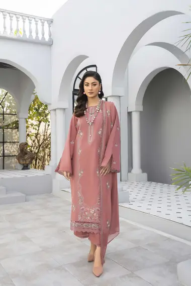 Embroidered Karandi Shirt Chiffon Dupatta by PURI FABRICS, Pink