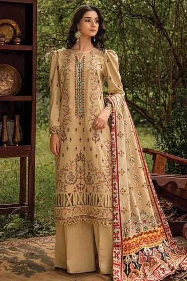 Embroidered Khaddar Front Digital Printed Khaddar Shawl by PURI FABRICS, RosyBrown