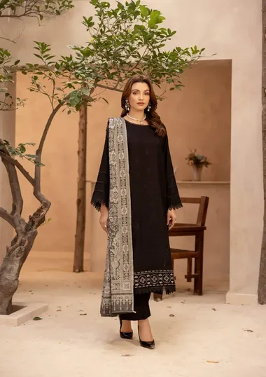 Embroidered Dhanak Front And Jacquard Woolen Shawl D-01 by PURI FABRICS, BLACK