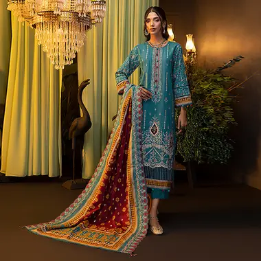 Embroidered Khaddar Front And Cutwork Dupatta by REGALIA TEXTILE, SteelBlue