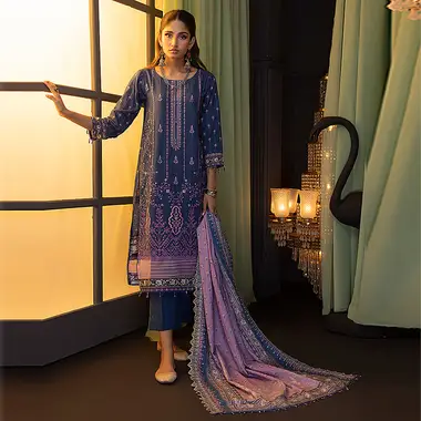 Embroidered Khaddar Front And Cutwork Dupatta by REGALIA TEXTILE, RebeccaPurple