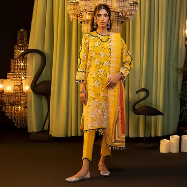 Embroidered Khaddar Front And Cutwork Dupatta by REGALIA TEXTILE, Yellow