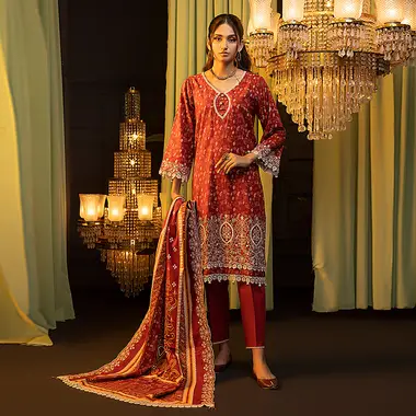 Embroidered Khaddar Front And Cutwork Dupatta by REGALIA TEXTILE, Red