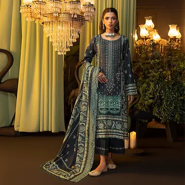 Embroidered Khaddar Front And Cutwork Dupatta by REGALIA TEXTILE, Black