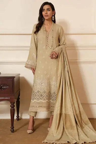 Embroidered Peach Leather Shirt With Jacquard Shawl by RIAZ ARTS, Bisque