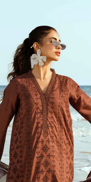 Chikankari Lawn Shirt Embroidered Chiffon Dupatta by RIAZ ARTS, Brown