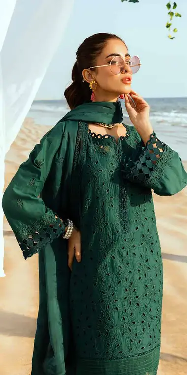 Chikankari Lawn Shirt Embroidered Chiffon Dupatta by RIAZ ARTS, Green