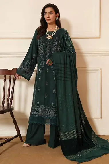 Embroidered Peach Leather Shirt With Jacquard Shawl by RIAZ ARTS, DarkGreen