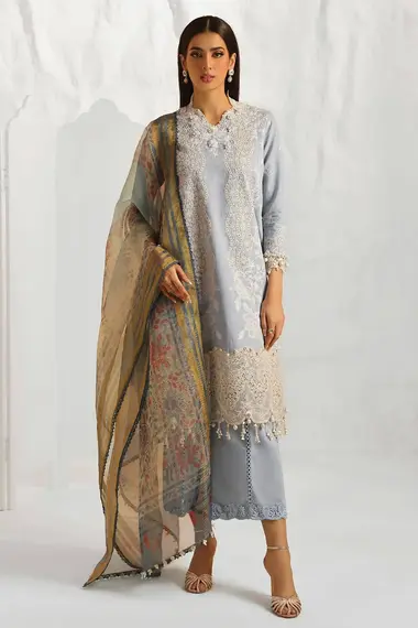 Embroidered Front Kali Printed Mehsori Dupatta by SANA SAFINAZ, DarkGrey