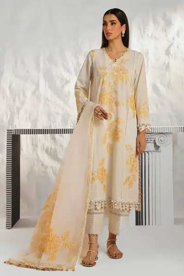 Embroidered Front Kali On Paste Printed Lawn Embroidered Woven Net Dupatta by SANA SAFINAZ, FloralWhite