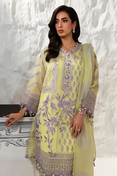 Embroidered Front Kali Woven Net Dupatta by SANA SAFINAZ, YellowGreen