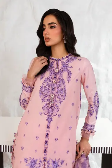 Embroidered Front Kali Embroidered Woven Net Dupatta by SANA SAFINAZ, Pink