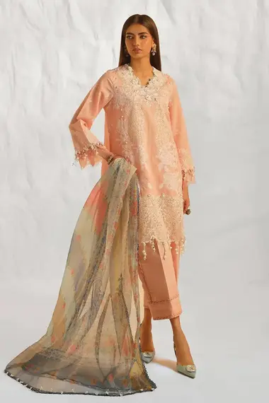 Embroidered Front Kali Embroidered Woven Net Dupatta by SANA SAFINAZ, Orange