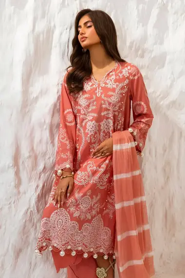 Embroidered Front Kali On Lawn Yarn Dyed Karandi Dupatta by SANA SAFINAZ, OrangeRed