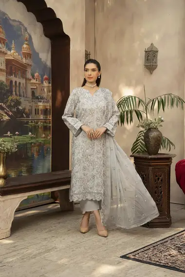 Embroidered Swiss Lawn Shirt Front Chiffon Dupatta by SANAM SAEED, Grey