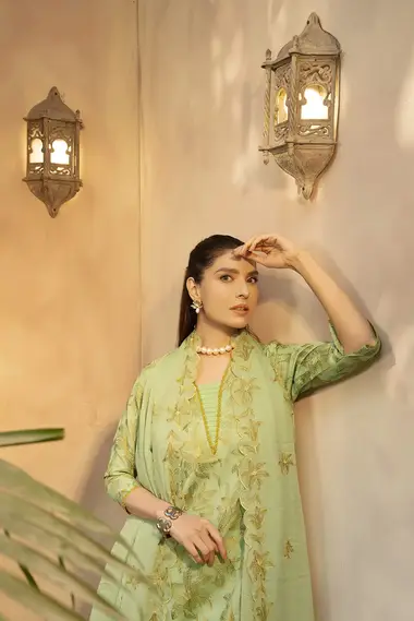 Embroidered Swiss Lawn Shirt Front Chiffon Dupatta by SANAM SAEED, Green