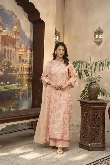 Embroidered Swiss Lawn Shirt Front Chiffon Dupatta by SANAM SAEED, Pink