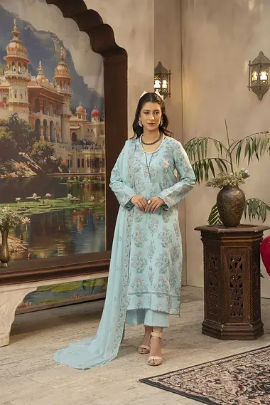 Embroidered Swiss Lawn Shirt Front Chiffon Dupatta by SANAM SAEED, Blue