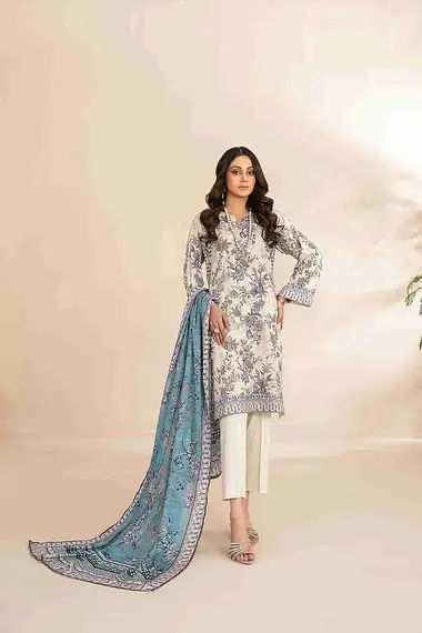 Digital Printed Lawn Shirt Printed Dupatta by TAWAKKAL, Beige