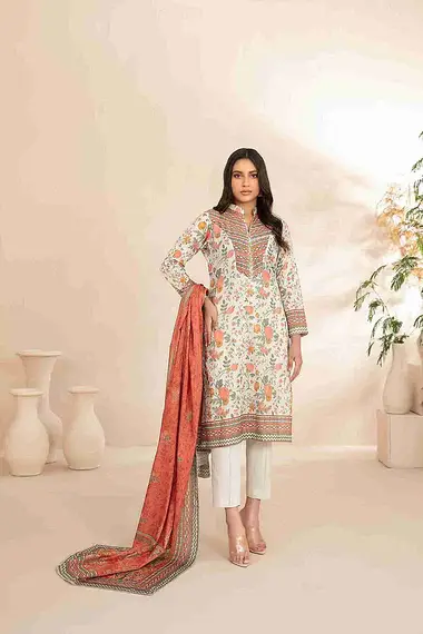 Digital Printed Lawn Shirt Printed Dupatta by TAWAKKAL, DarkOrange