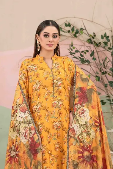 Embroidered Digital Printed Leather Peach Shirt Designs Digital Printed Fancy Shawl D-9780 by Tawakkal, Yellow