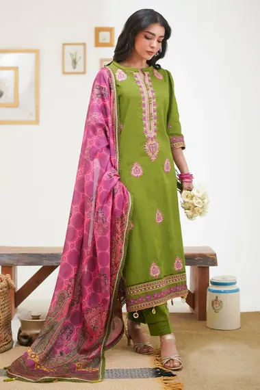 Embroidered Shirt Printed Dupatta by ZELLBURY, DarkSeaGreen