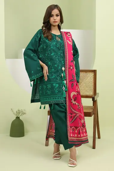 Embroidered Shirt Printed  Dupatta by ZELLBURY, DarkGreen