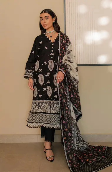 Embroidered Front Printed Monar Dupatta WUC24E30701 by ZELLBURY, Black