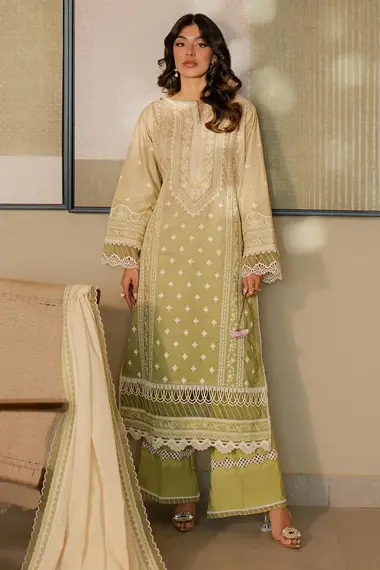 Printed Shirt Embroidered Denting Lawn Dupatta WUC24E30702 by ZELLBURY, GreenYellow