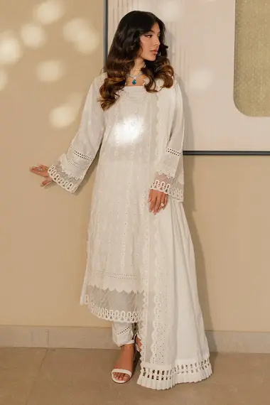 Embroidered Front Embroidered Denting Lawn Dupatta WUC24E30704 by ZELLBURY, White